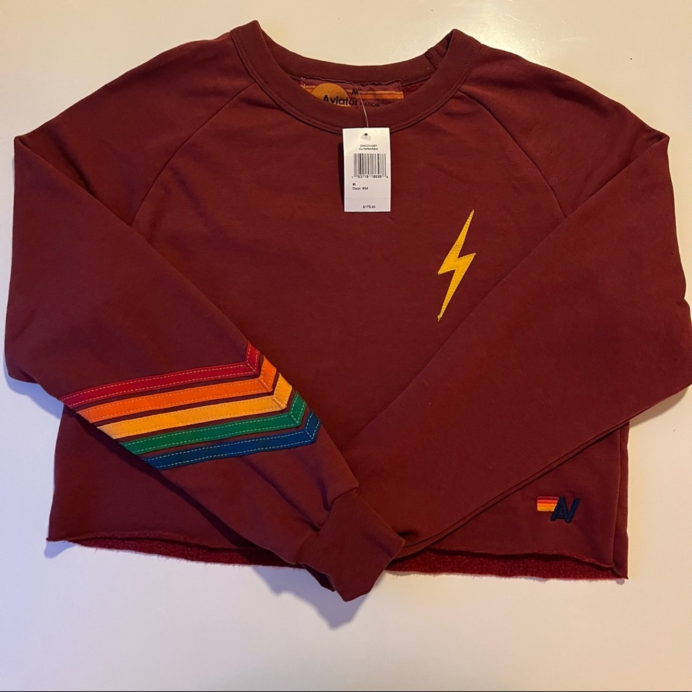 NWT Aviator Nation Bolt Chevron 5 Cropped Crew Sweatshirt - Claret - Picture 6 of 6